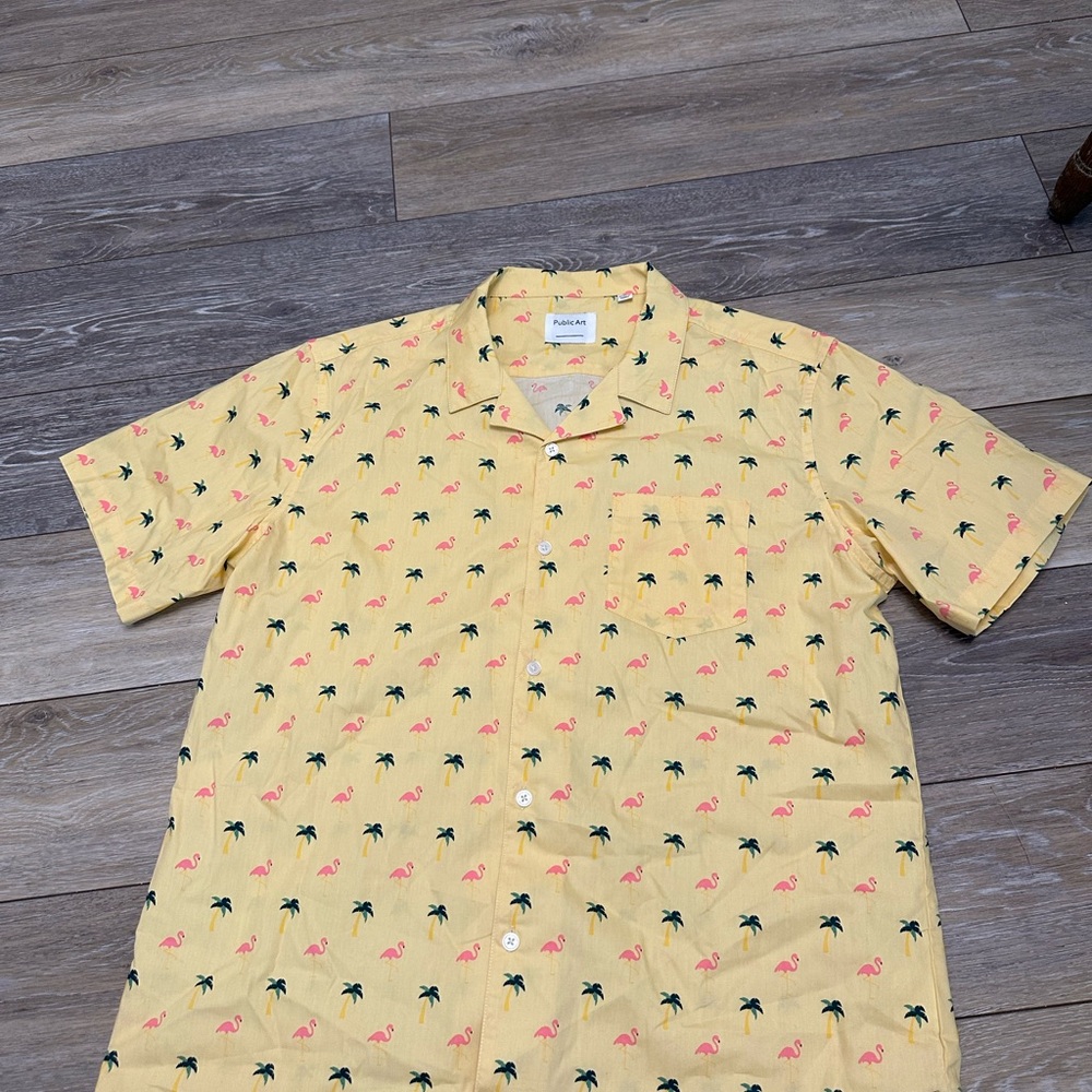 Public Art Flamingo Palm Button Down Yellow Short Sleeve Shirt